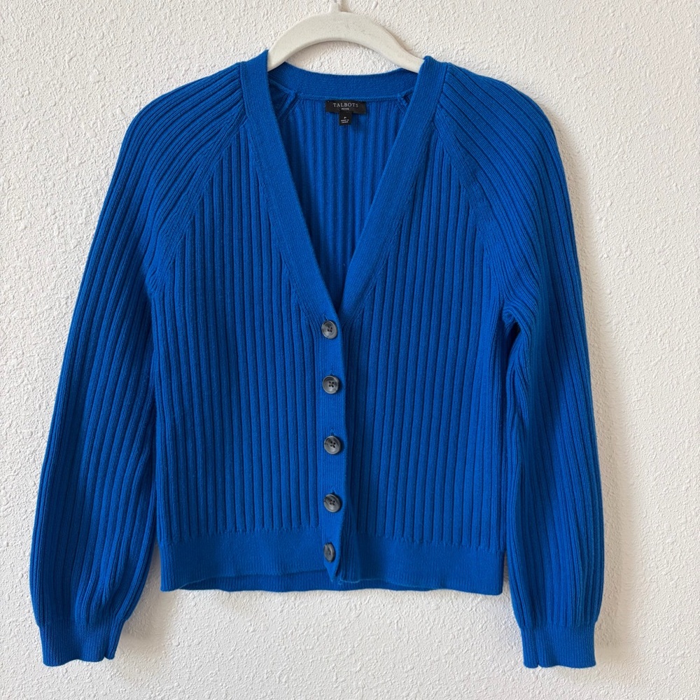 Talbots Blue Ribbed Button Front Cardigan Size Petite P Colorful Office